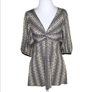 Max Edition Brown & Tan Geometric Print Poof Sleeve V Neck 1/2 Sleeves Blouse